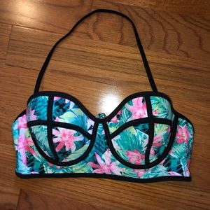 Bikini Top Pink and Green Leaf Pattern Bustier